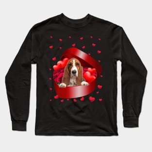 Basset Hound Dog In Sweet Heart Box Happy Valentine's Day Long Sleeve T-Shirt